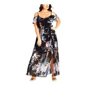 City Chic Black Floral Maxi Dress Size XL/22 Cold Shoulder Summer